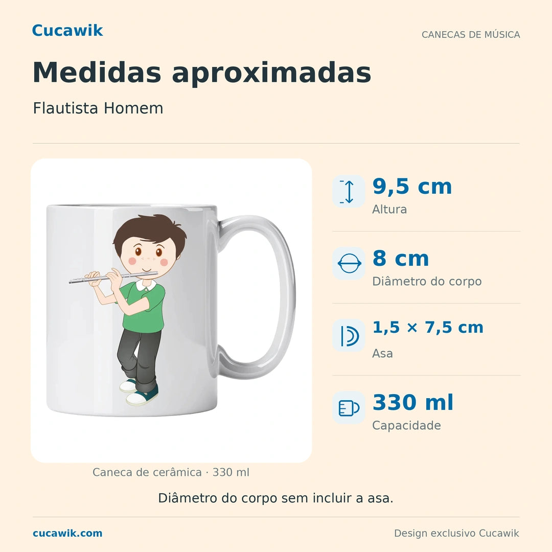 Caneca de Cerâmica Flautista Homem — Medidas aproximadas | Cucawik