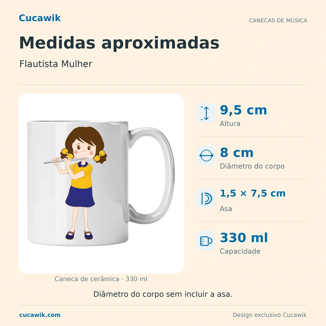 Caneca de Cerâmica Flautista Mulher — Medidas aproximadas | Cucawik