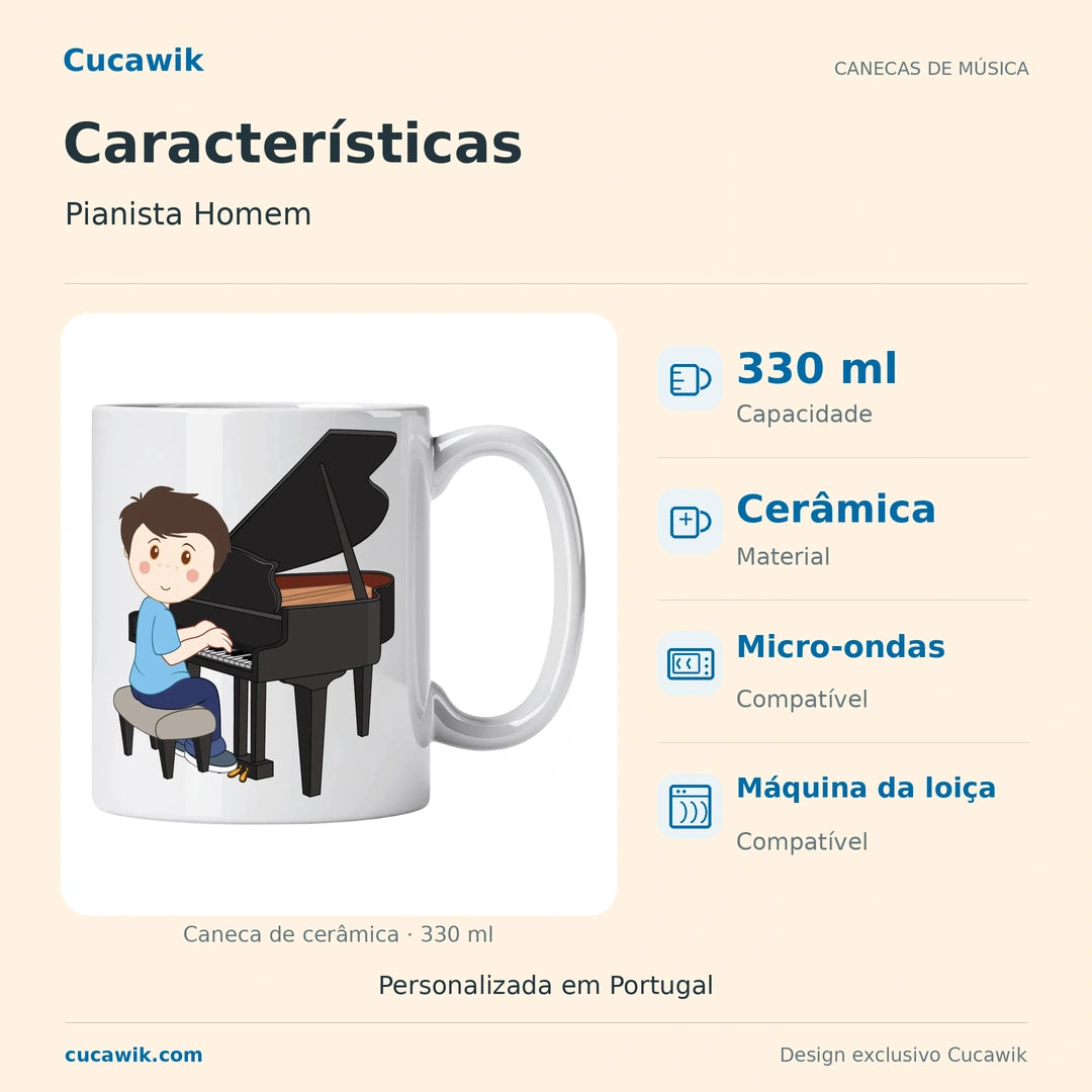 Caneca de Cerâmica Pianista Homem — Características | Cucawik