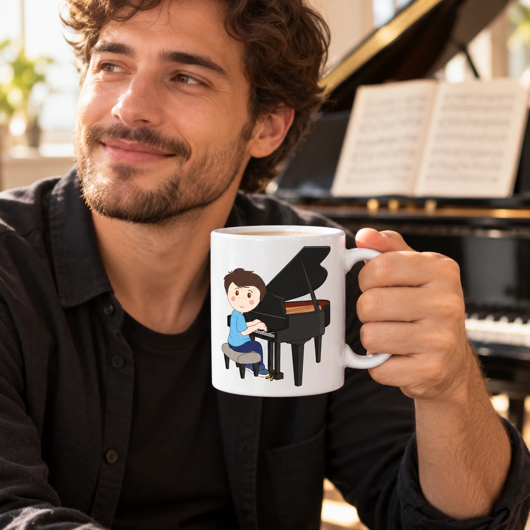 Caneca de Cerâmica Pianista Homem em utilização | Cucawik