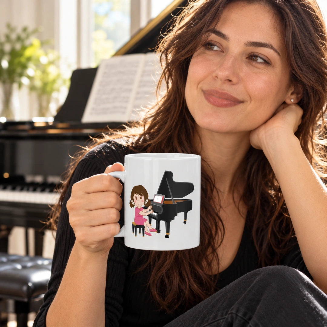 Caneca de Cerâmica Pianista Mulher em utilização | Cucawik