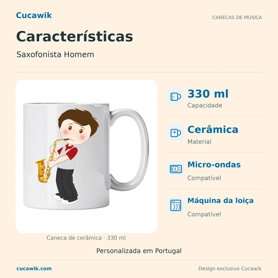 Caneca de Cerâmica Saxofonista Homem — Características | Cucawik