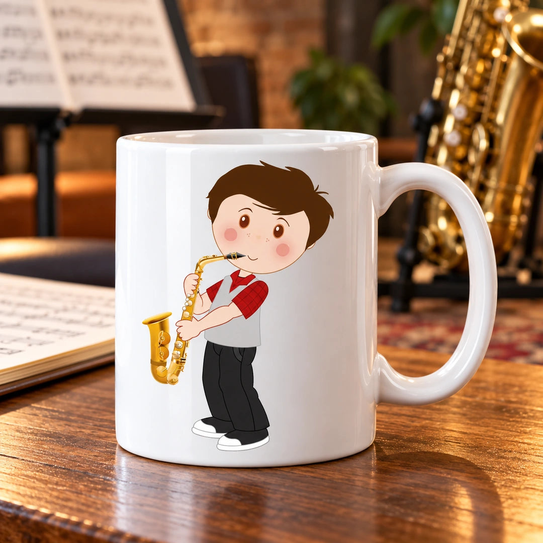 Caneca de Cerâmica Saxofonista Homem em ambiente lifestyle | Cucawik