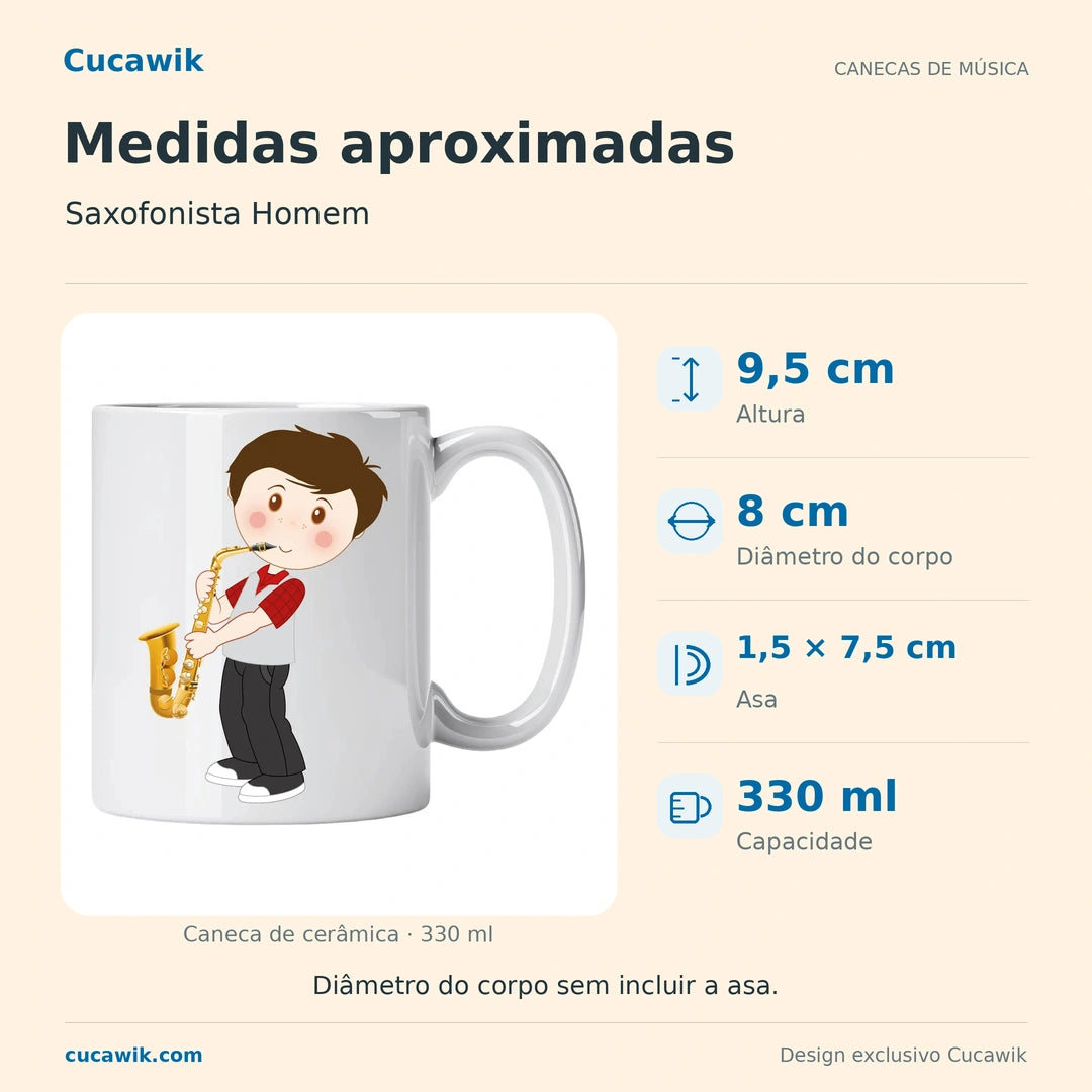 Caneca de Cerâmica Saxofonista Homem — Medidas aproximadas | Cucawik