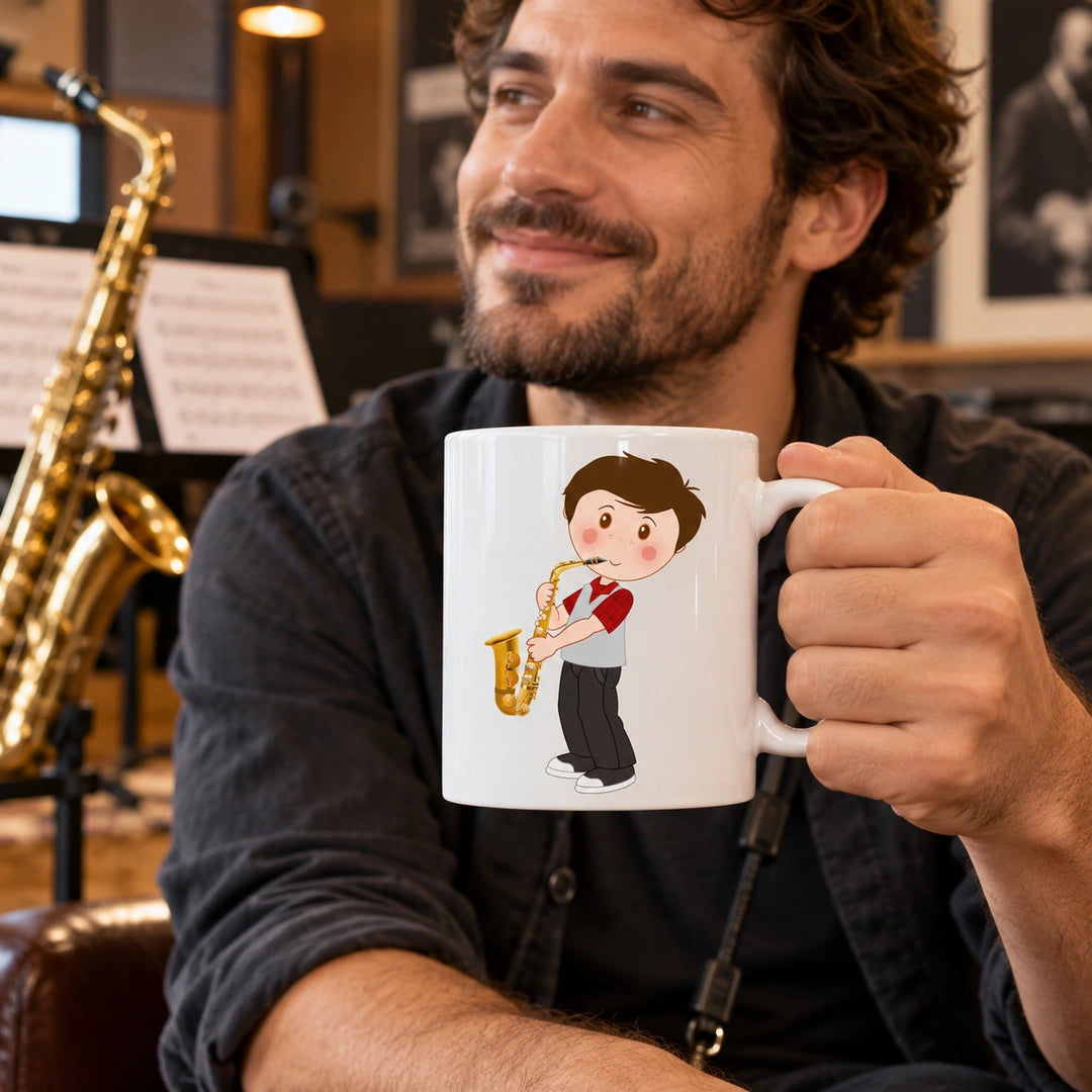 Caneca de Cerâmica Saxofonista Homem em utilização | Cucawik