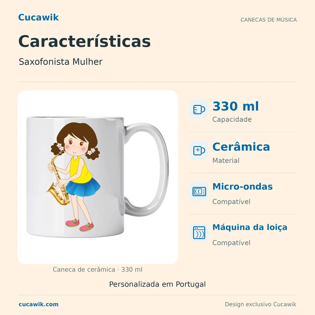 Caneca de Cerâmica Saxofonista Mulher — Características | Cucawik