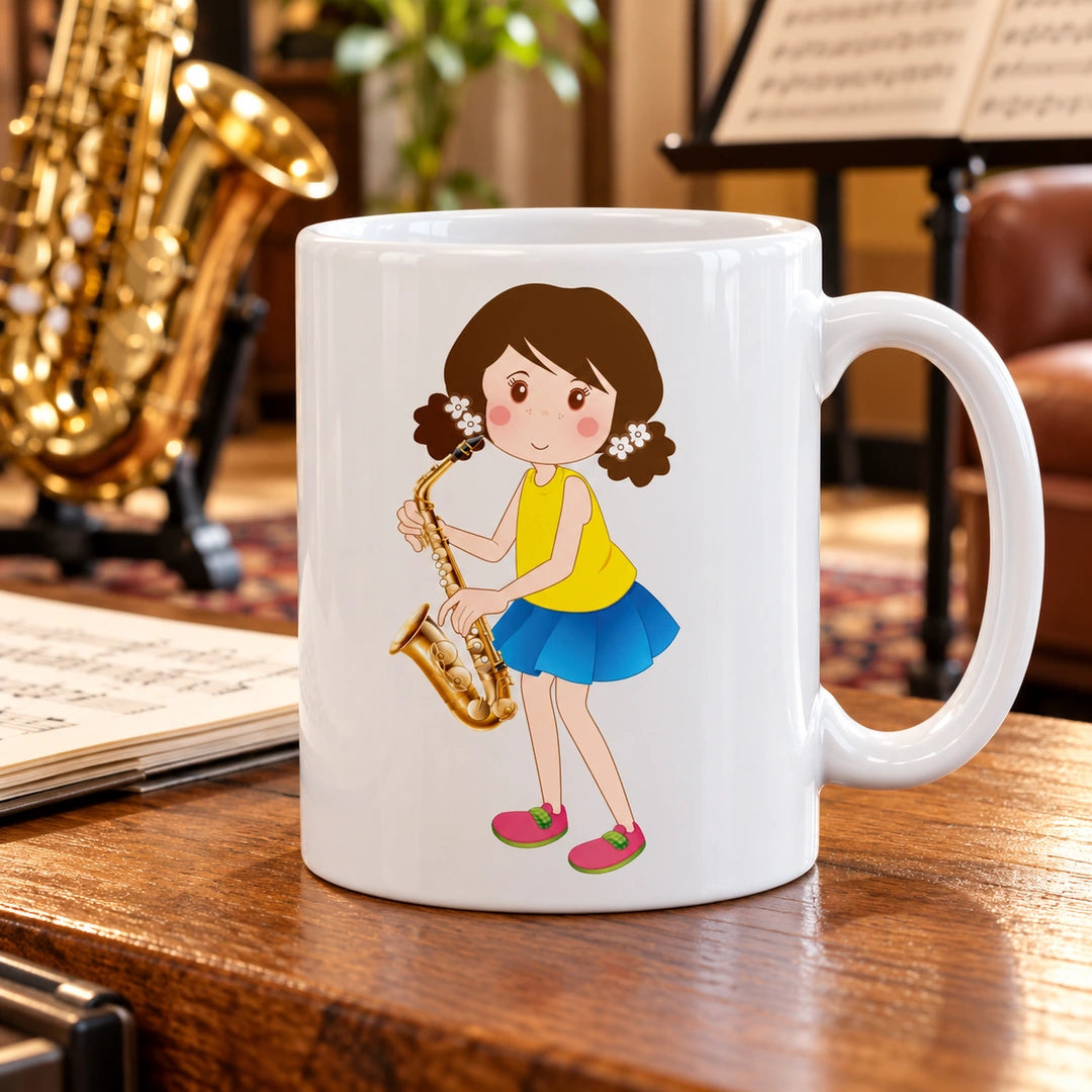 Caneca de Cerâmica Saxofonista Mulher em ambiente lifestyle | Cucawik