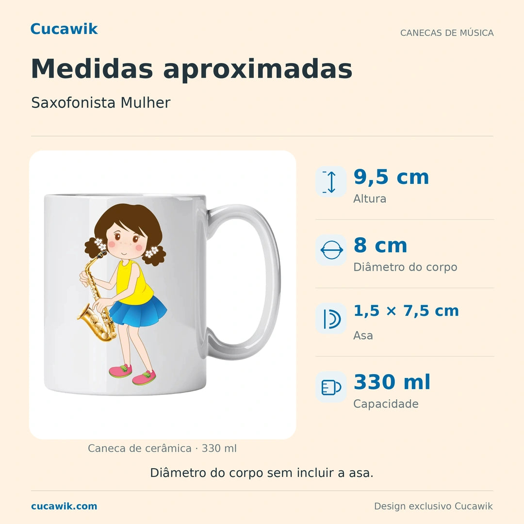 Caneca de Cerâmica Saxofonista Mulher — Medidas aproximadas | Cucawik