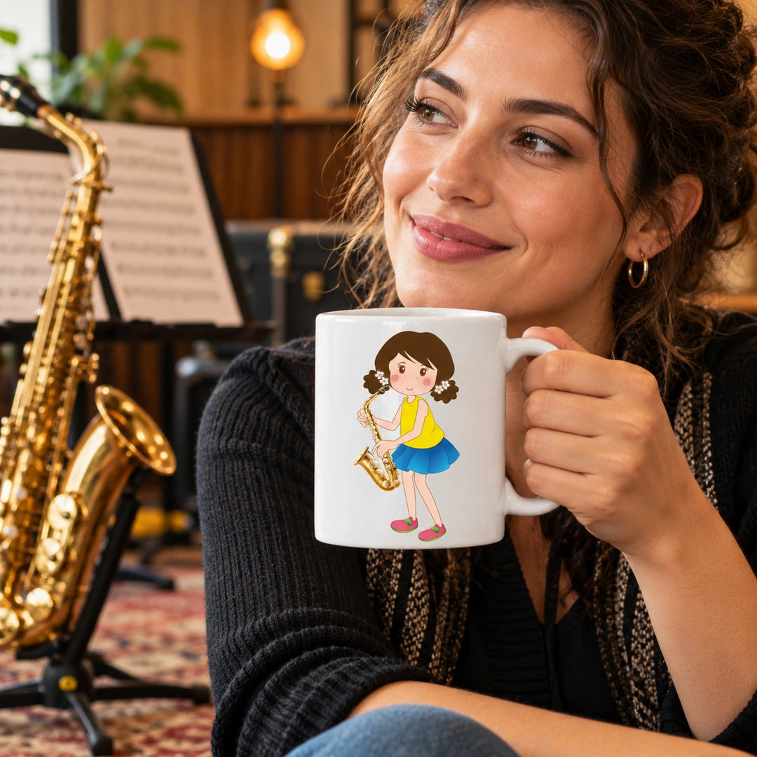 Caneca de Cerâmica Saxofonista Mulher em utilização | Cucawik