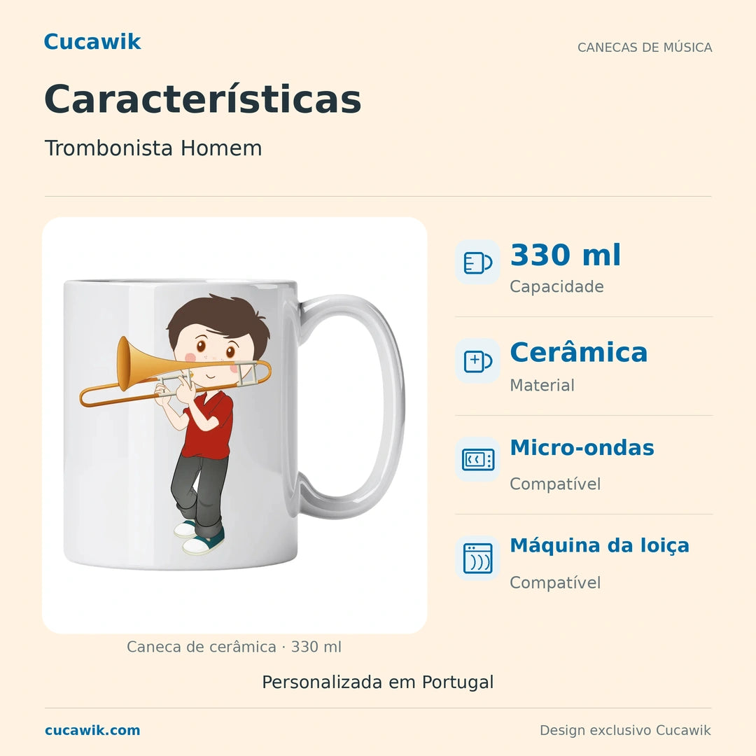 Caneca de Cerâmica Trombonista Homem — Características | Cucawik