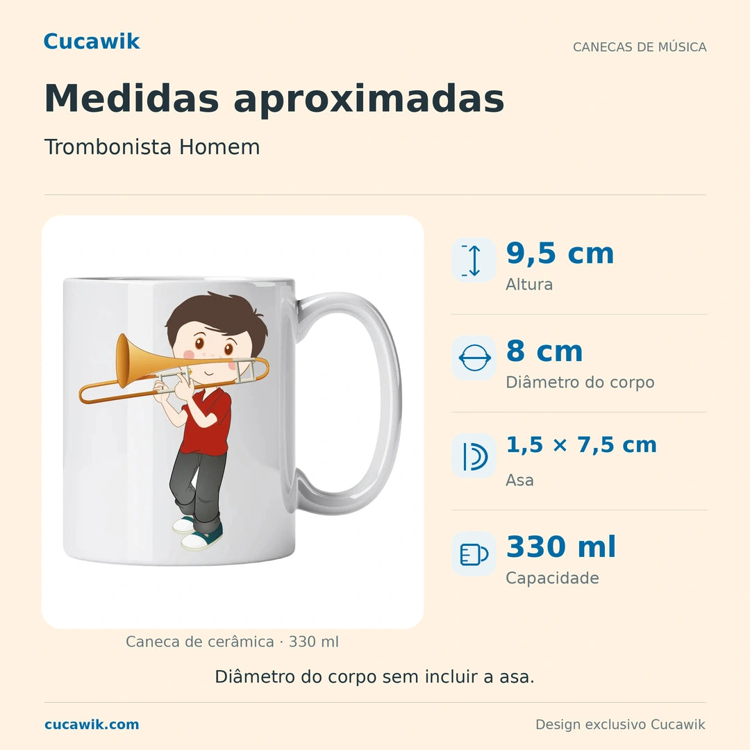 Caneca de Cerâmica Trombonista Homem — Medidas aproximadas | Cucawik