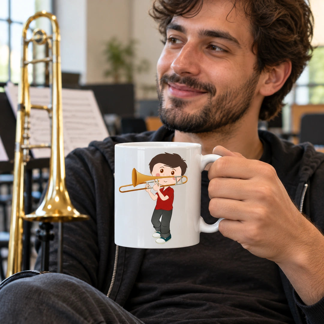 Caneca de Cerâmica Trombonista Homem em utilização | Cucawik