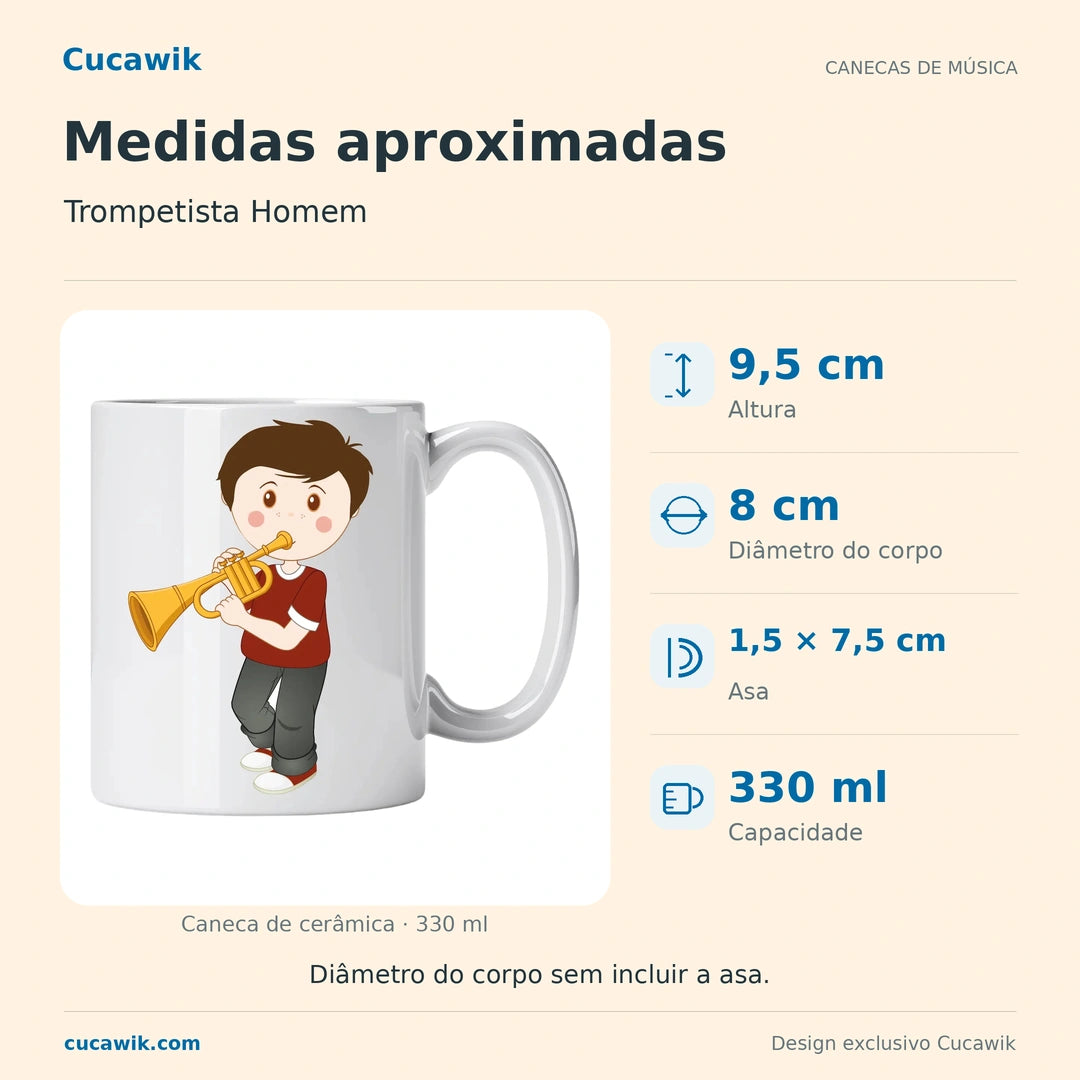 Caneca de Cerâmica Trompetista Homem — Medidas aproximadas | Cucawik