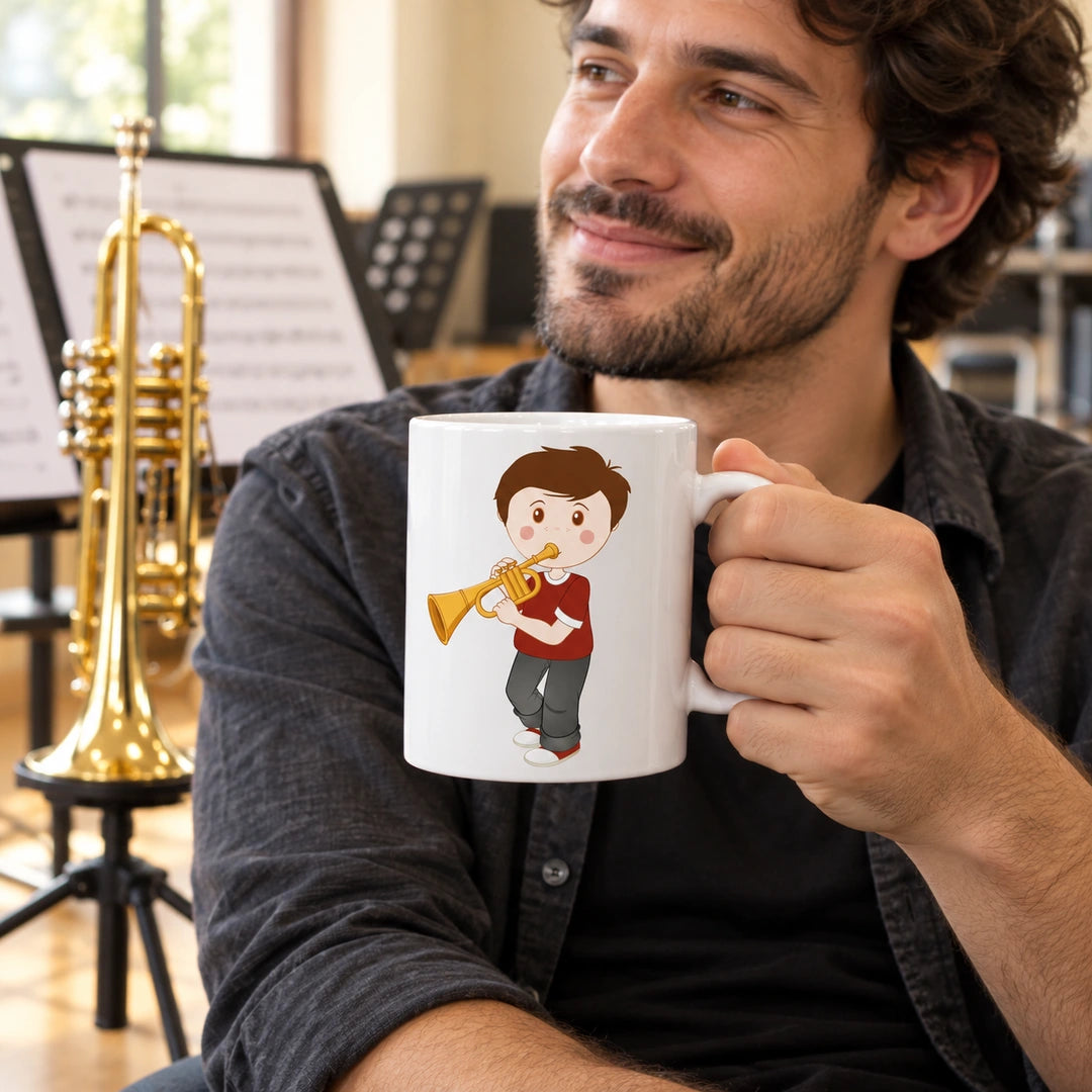 Caneca de Cerâmica Trompetista Homem em utilização | Cucawik