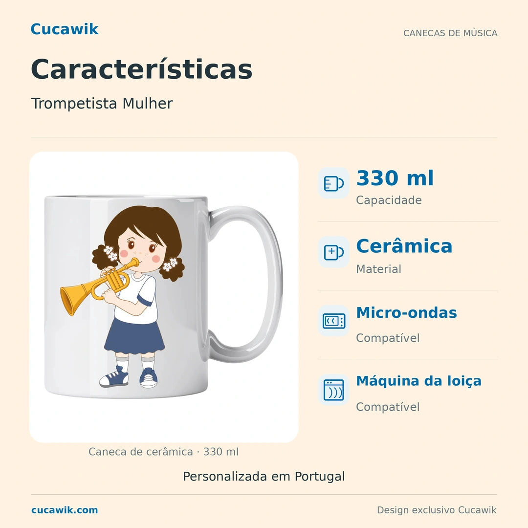 Caneca de Cerâmica Trompetista Mulher — Características | Cucawik
