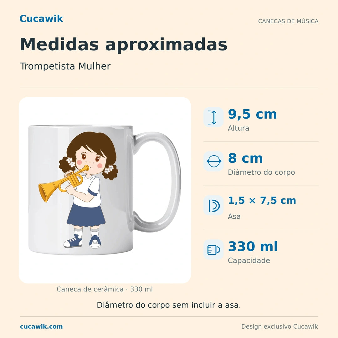 Caneca de Cerâmica Trompetista Mulher — Medidas aproximadas | Cucawik