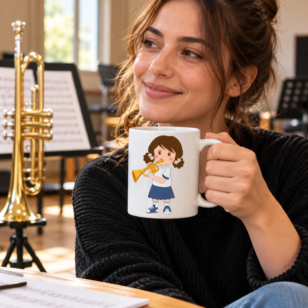 Caneca de Cerâmica Trompetista Mulher em utilização | Cucawik