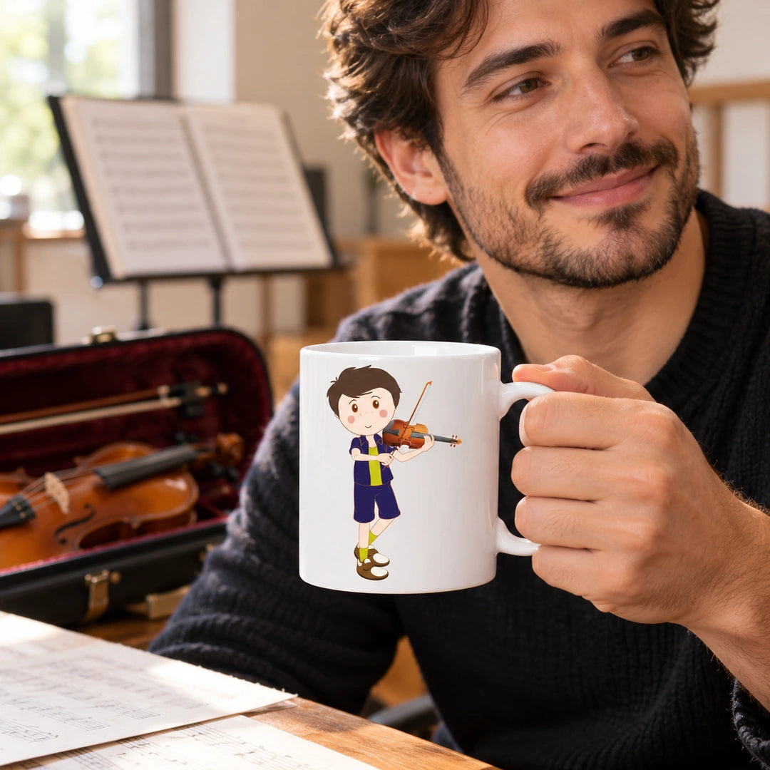 Caneca de Cerâmica Violinista Homem em utilização | Cucawik