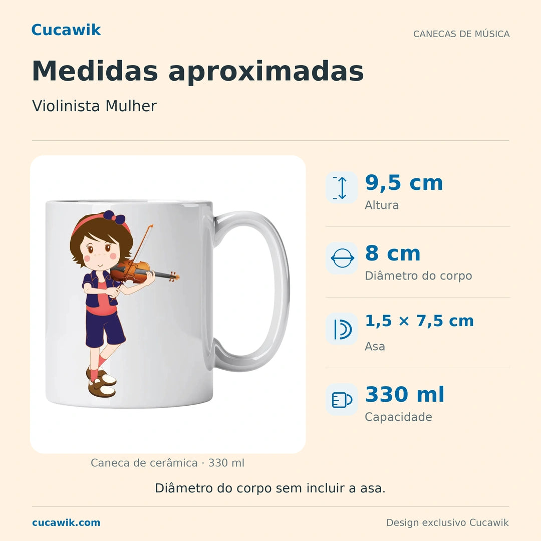 Caneca de Cerâmica Violinista Mulher — Medidas aproximadas | Cucawik