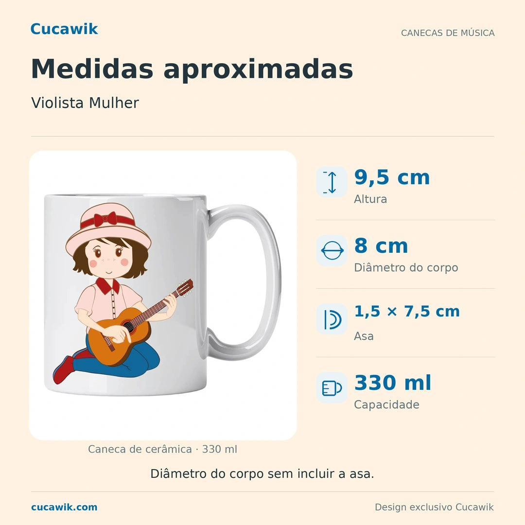 Caneca de Cerâmica Violista Mulher — Medidas aproximadas | Cucawik