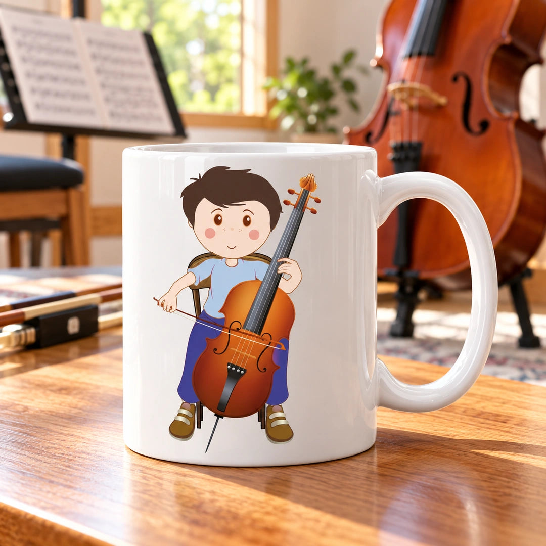 Caneca de Cerâmica Violoncelista Homem em ambiente lifestyle | Cucawik