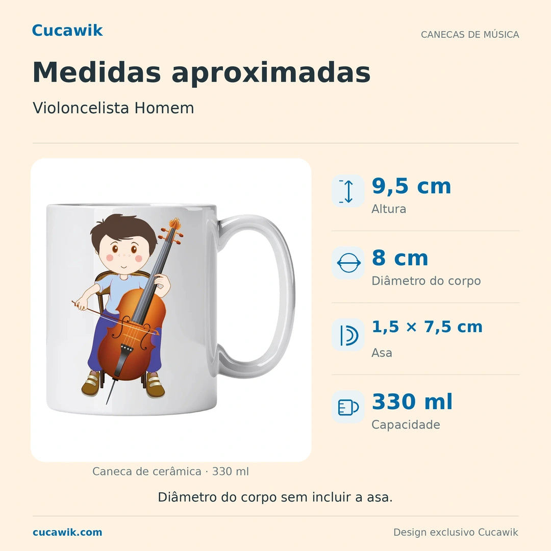 Caneca de Cerâmica Violoncelista Homem — Medidas aproximadas | Cucawik