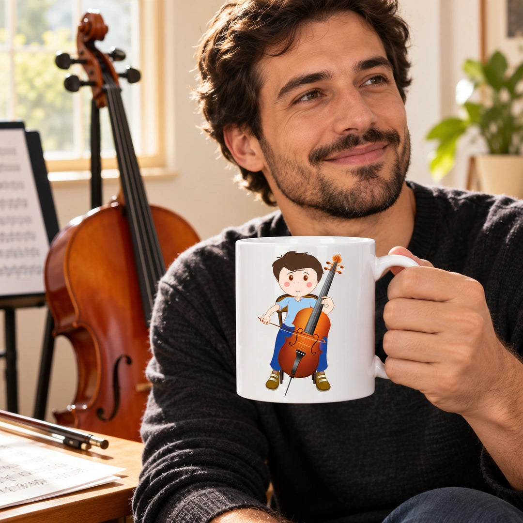 Caneca de Cerâmica Violoncelista Homem em utilização | Cucawik