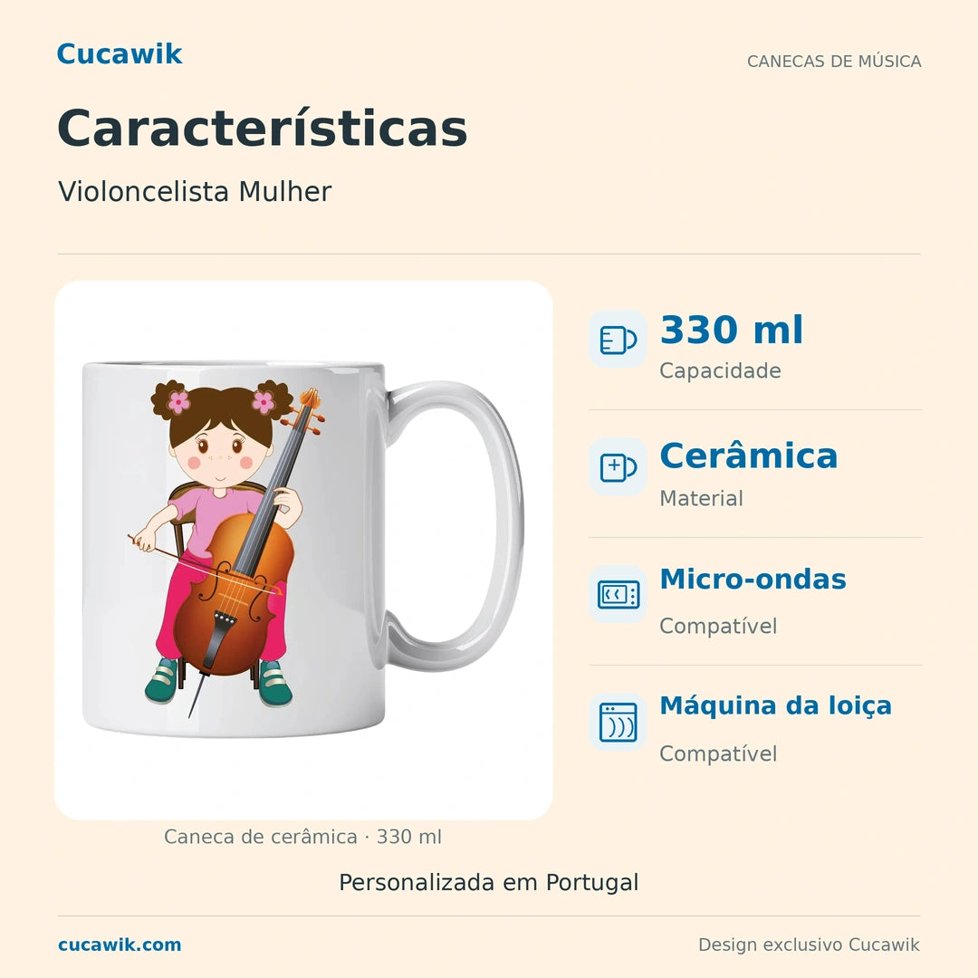 Caneca de Cerâmica Violoncelista Mulher — Características | Cucawik
