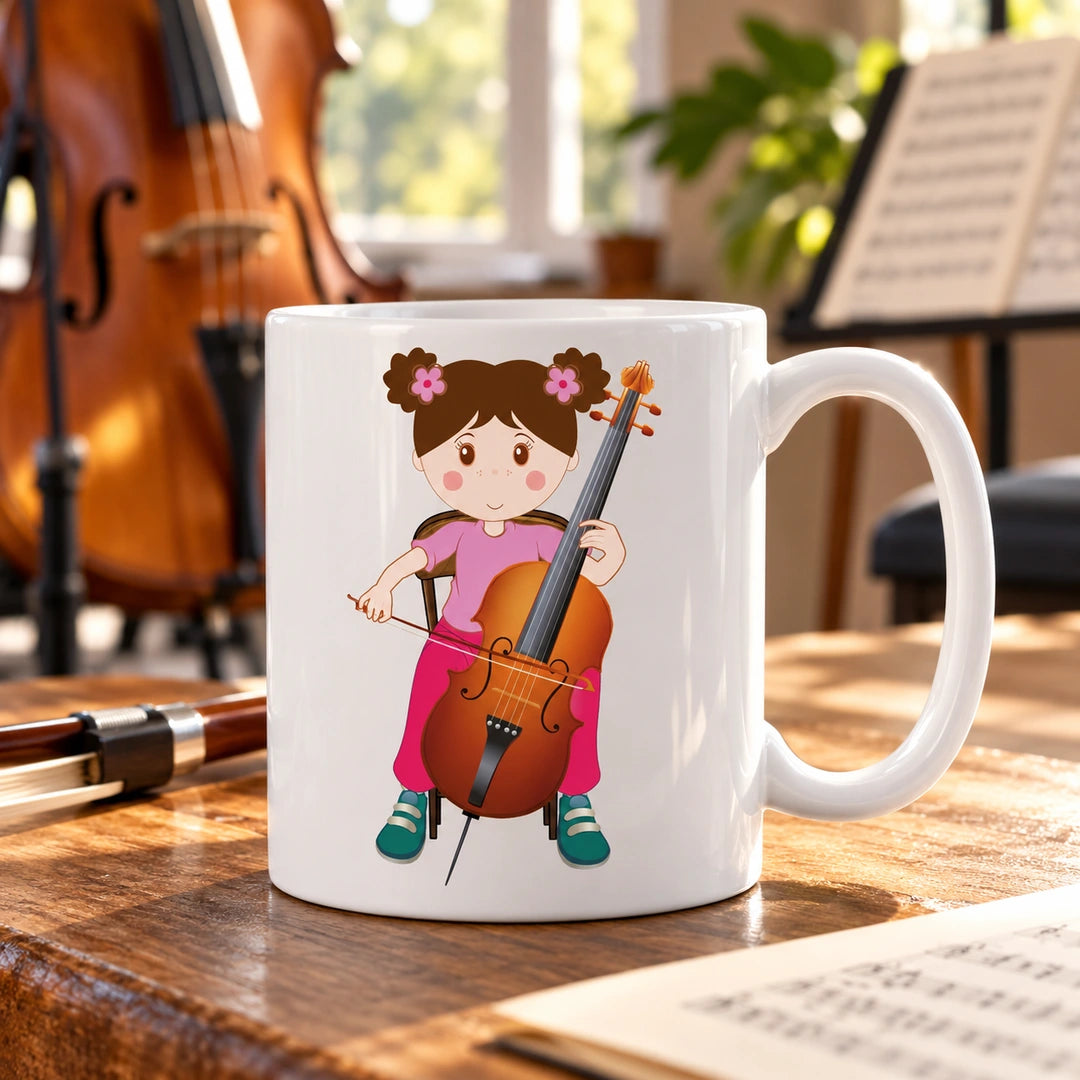 Caneca de Cerâmica Violoncelista Mulher em ambiente lifestyle | Cucawik