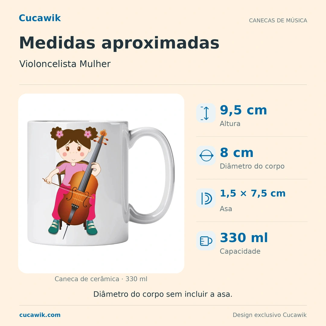 Caneca de Cerâmica Violoncelista Mulher — Medidas aproximadas | Cucawik