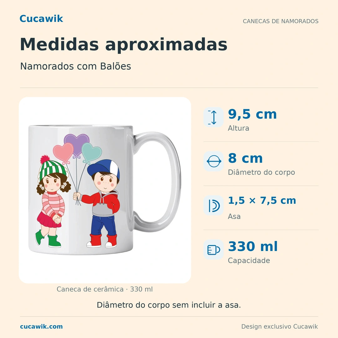 Caneca de Cerâmica Namorados com Balões — Medidas | Cucawik