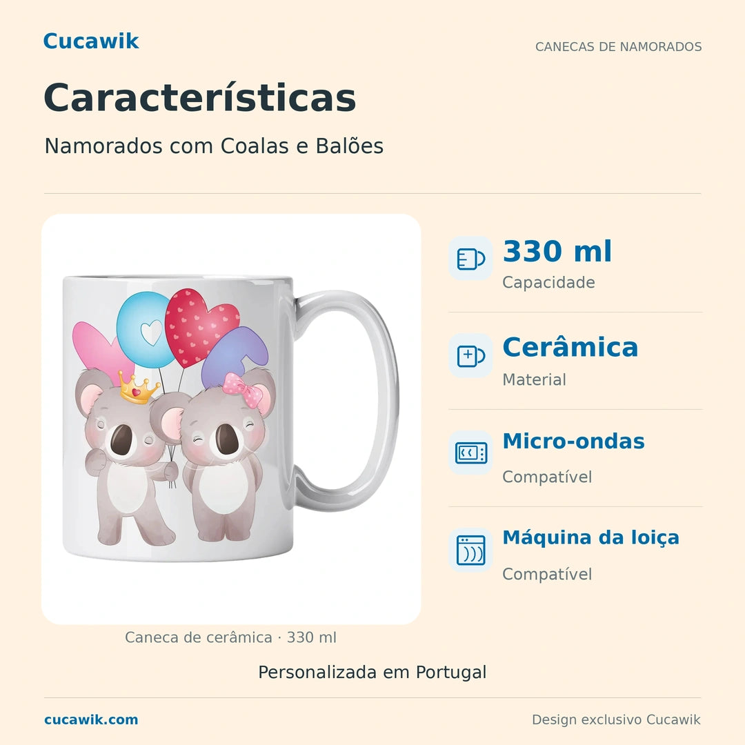 Caneca de Cerâmica Namorados com Coalas e Balões — Características | Cucawik