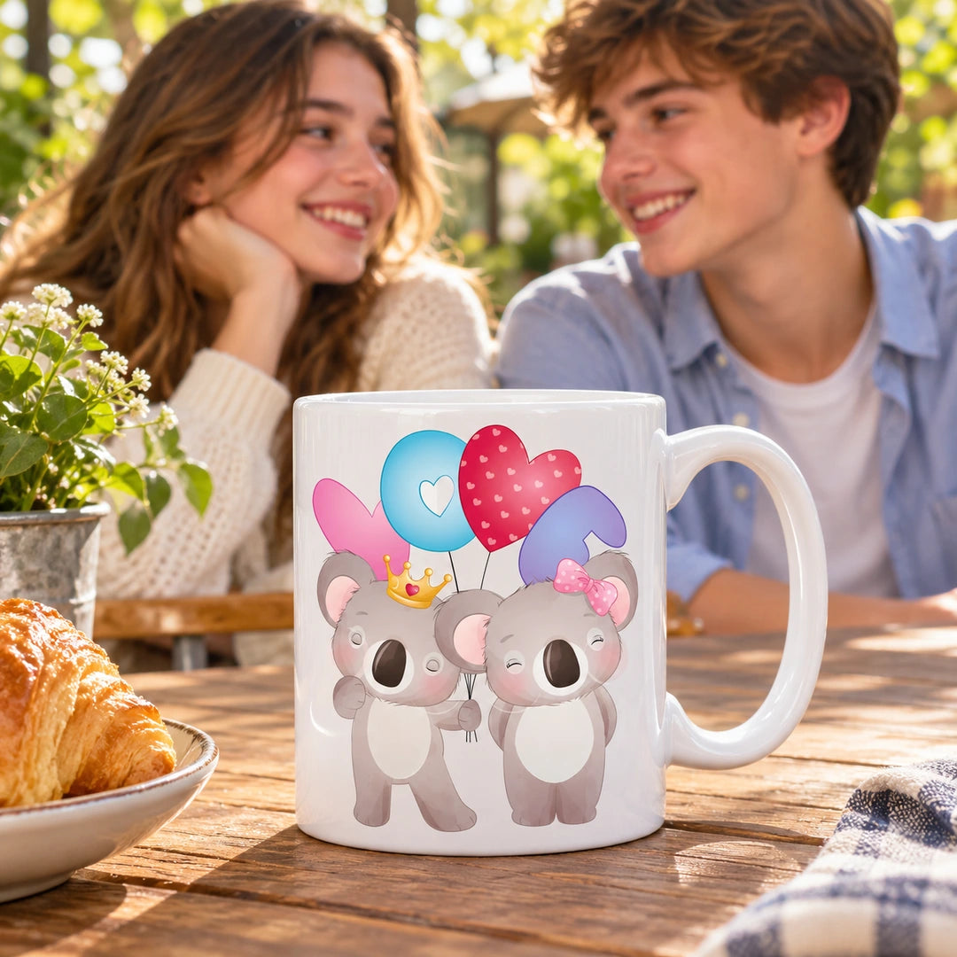 Caneca de Cerâmica Namorados com Coalas e Balões em ambiente lifestyle | Cucawik