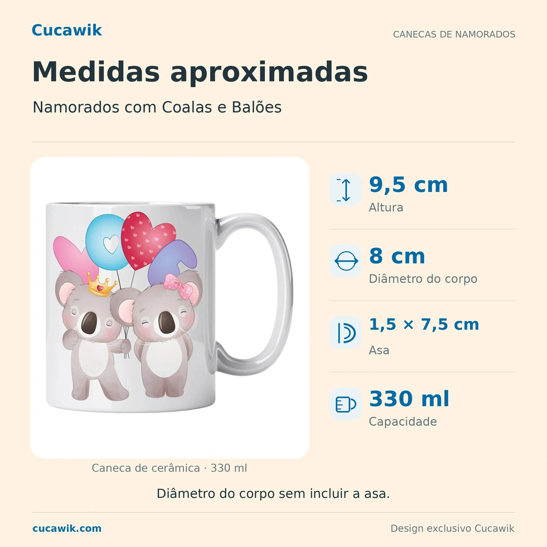Caneca de Cerâmica Namorados com Coalas e Balões — Medidas | Cucawik