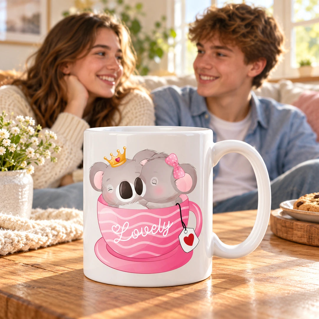 Caneca de Cerâmica Namorados com Coalas na Chávena em ambiente lifestyle | Cucawik