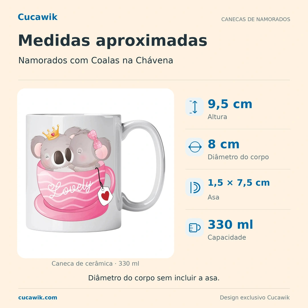 Caneca de Cerâmica Namorados com Coalas na Chávena — Medidas | Cucawik