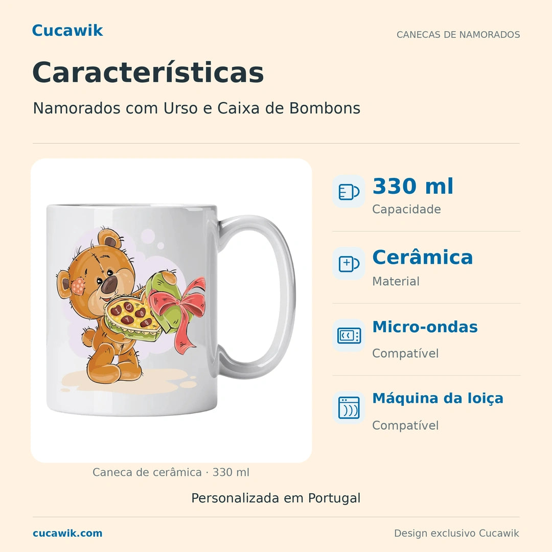 Caneca de Cerâmica Namorados com Urso e Caixa de Bombons — Características | Cucawik