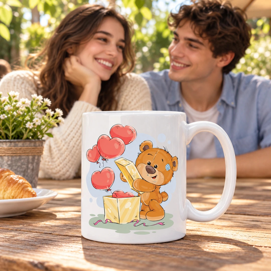 Caneca de Cerâmica Namorados com Urso e Caixa Surpresa com Balões em ambiente lifestyle | Cucawik