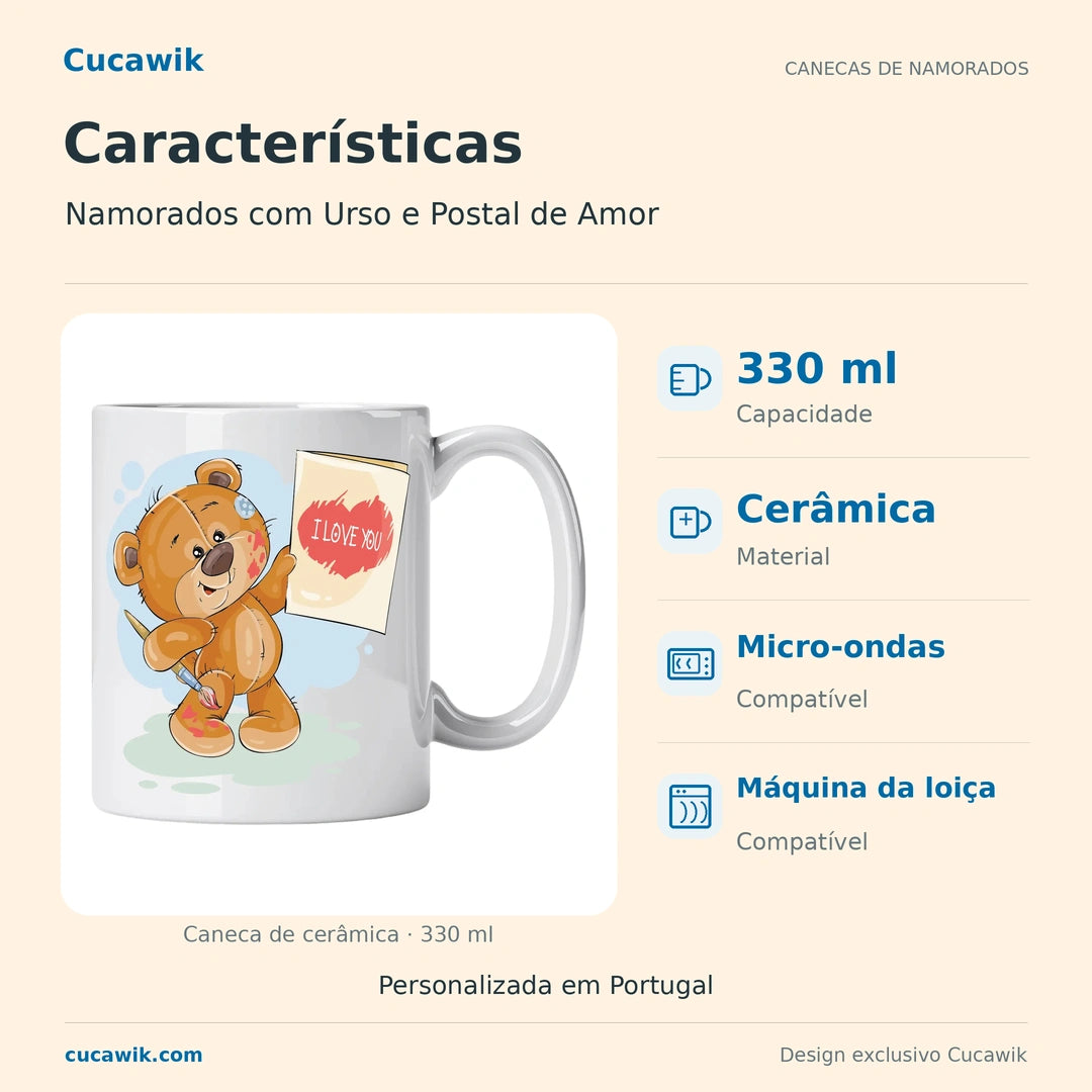 Caneca de Cerâmica Namorados com Urso e Postal de Amor — Características | Cucawik