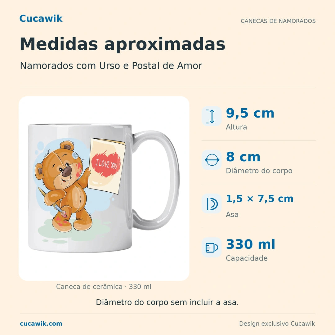 Caneca de Cerâmica Namorados com Urso e Postal de Amor — Medidas | Cucawik