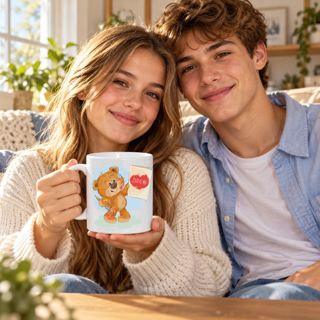 Caneca de Cerâmica Namorados com Urso e Postal de Amor em utilização | Cucawik
