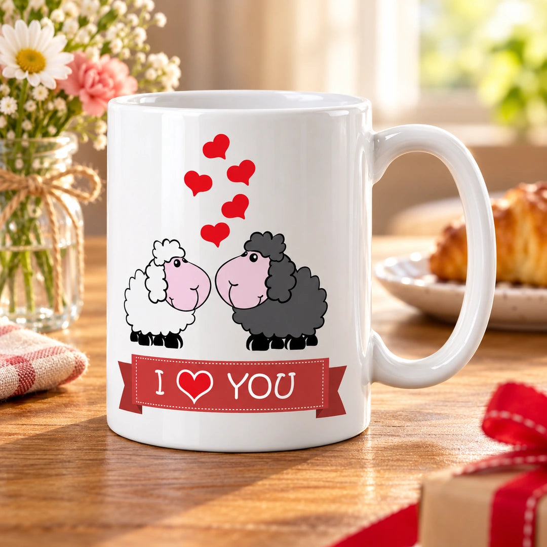 Caneca de Cerâmica Ovelhas e Frase "I Love You" em ambiente lifestyle | Cucawik