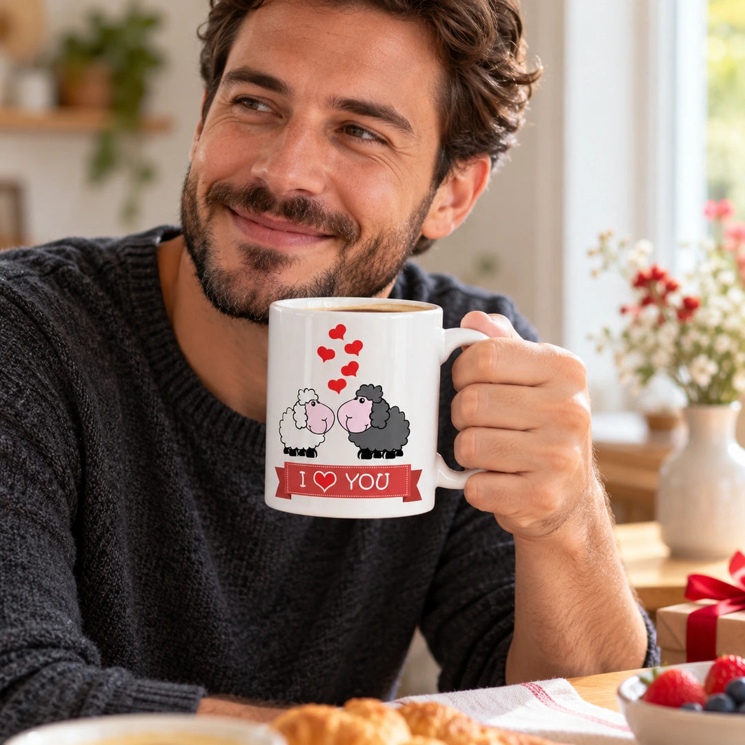 Caneca de Cerâmica Ovelhas e Frase "I Love You" em utilização | Cucawik