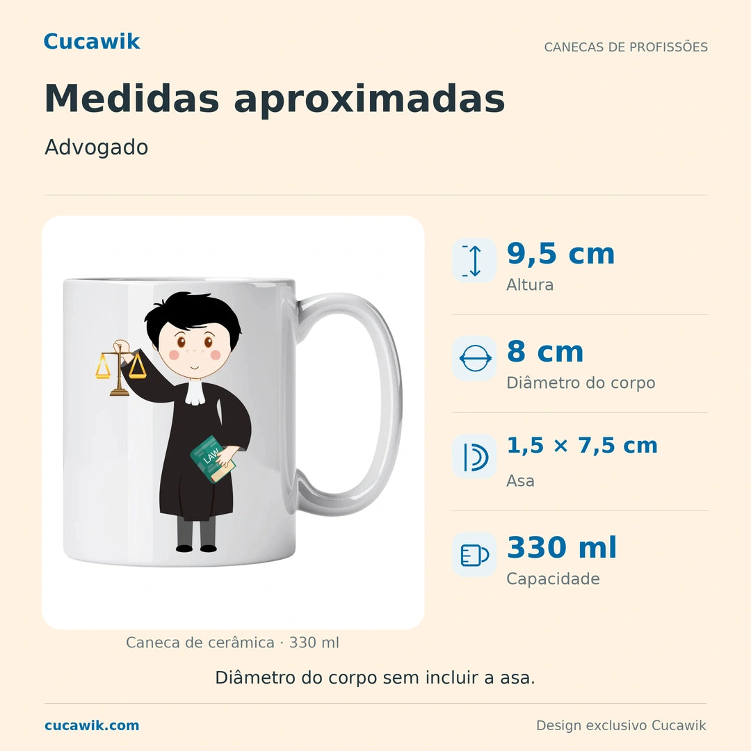 Caneca de Cerâmica Advogado — Medidas aproximadas | Cucawik