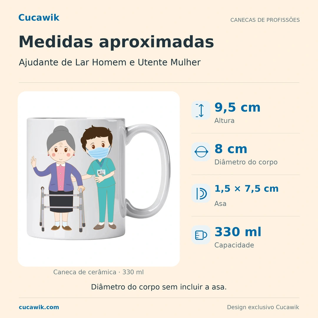 Caneca de Cerâmica Ajudante de Lar Homem e Utente Mulher — Medidas aproximadas | Cucawik