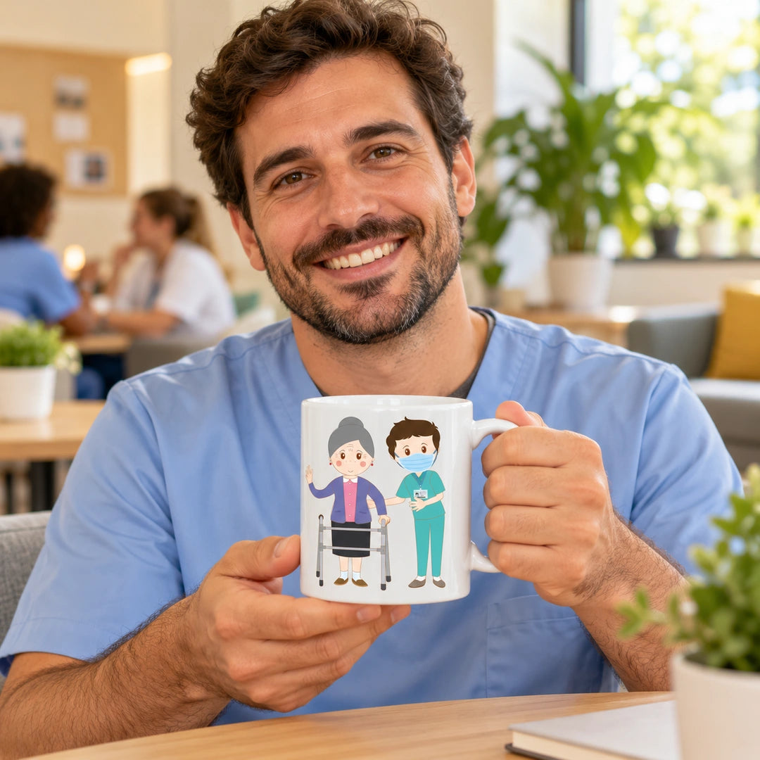 Caneca de Cerâmica Ajudante de Lar Homem e Utente Mulher em utilização | Cucawik