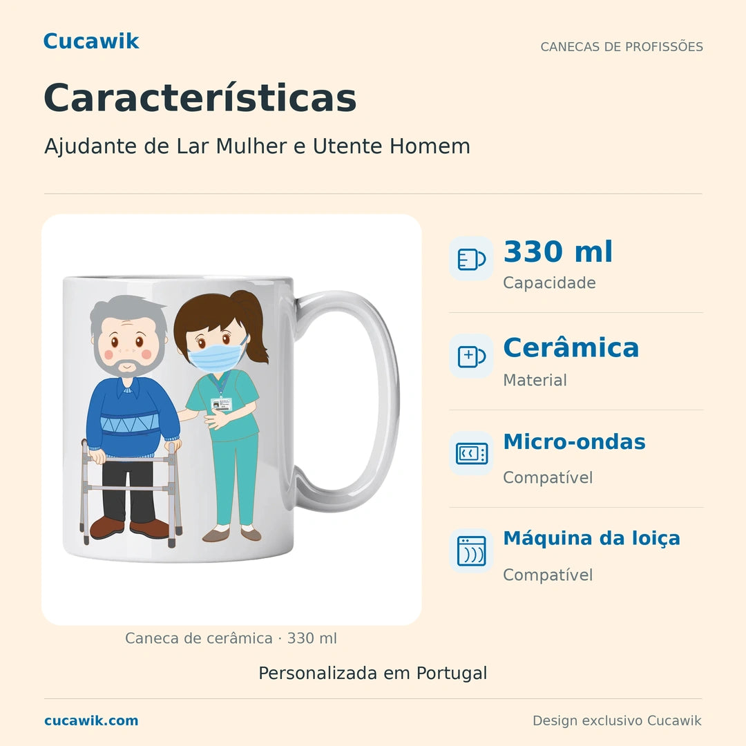Caneca de Cerâmica Ajudante de Lar Mulher e Utente Homem — Características | Cucawik