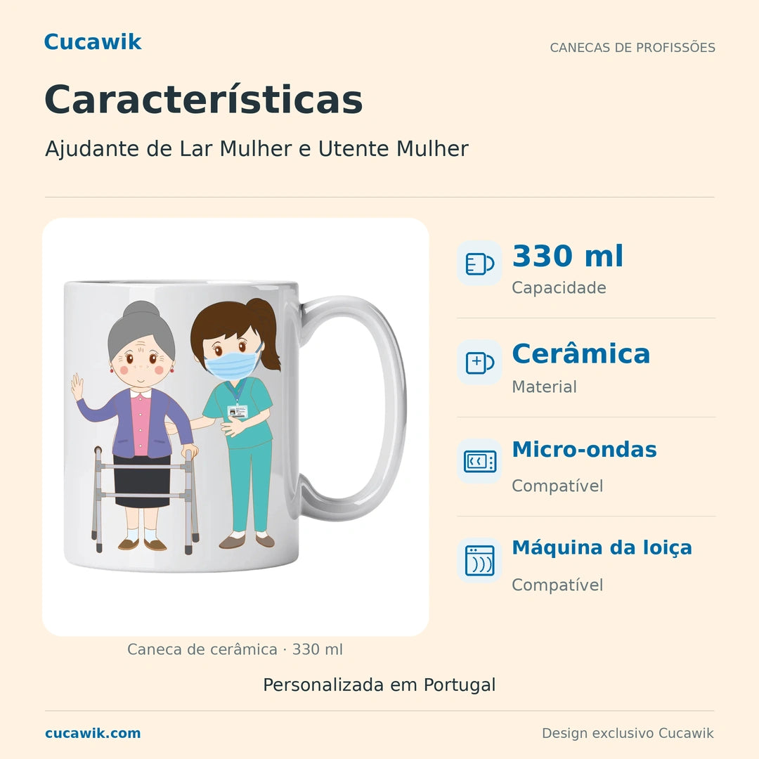 Caneca de Cerâmica Ajudante de Lar Mulher e Utente Mulher — Características | Cucawik