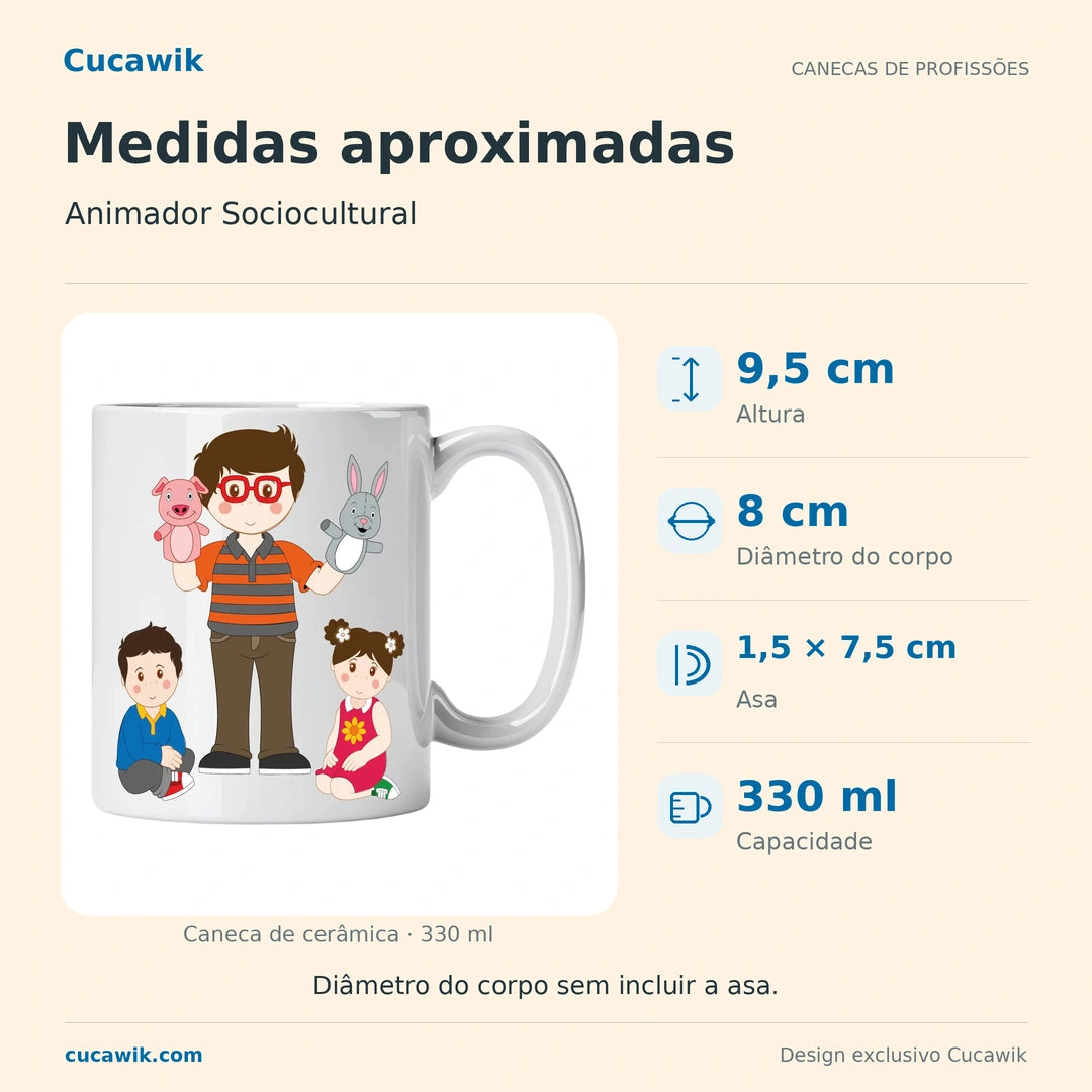 Caneca de Cerâmica Animador Sociocultural — Medidas aproximadas | Cucawik