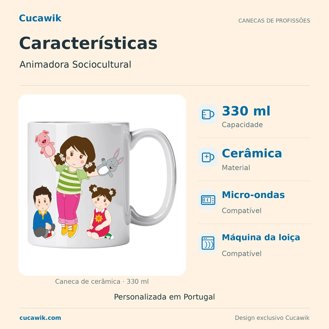 Caneca de Cerâmica Animadora Sociocultural — Características | Cucawik